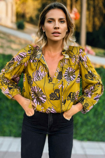 Women's Vintage Floral Blouse in Yellow - Stylish V-Neck Top with Ruffle Trim and Long Sleeves for Any Occasion