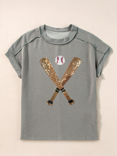 Sequin Embellished Grey Baseball Pattern Ribbed Knit Tee