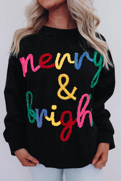 Women's Black Merry & Bright Tinsel Graphic Sweater - Colorful Holiday Style, Cozy Fit for Festive Cheer