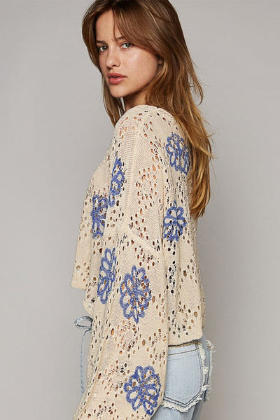 Chic Women's Beige Eyelet Sweater with Floral Print & Drop Shoulder Design for Effortless Casual Style