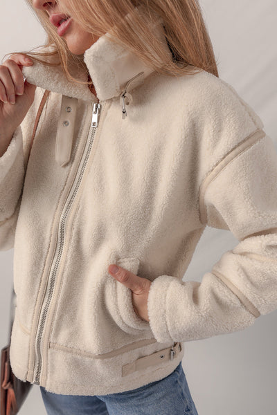 Cozy Women's Beige Fleece Zip-Up Jacket with Stylish Buckle Collar - Perfect for Casual Chic Outfits
