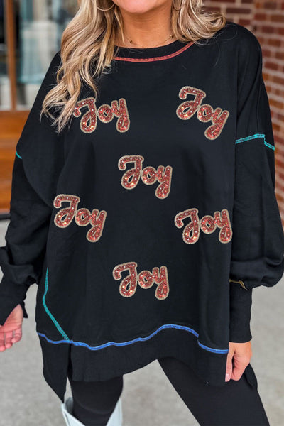 Women's Black Sequin Joy Graphic Sweatshirt with Contrast Seaming