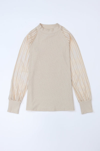 Women's Lightweight Apricot Striped Long Sleeve Ribbed Crewneck Top - Casual Everyday Wear for Effortless Comfort