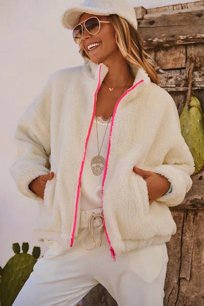 Cozy Women's White Fuzzy Sherpa Jacket with Contrast Trim, Full Zip & Pockets - Ideal for Stylish Winter Wear