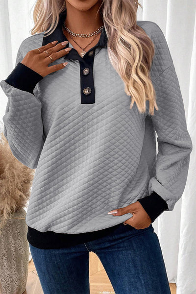 Women's Cozy Light Grey Colorblock Sweatshirt with Textured Fabric and Buttoned Collar for Casual Chic Looks