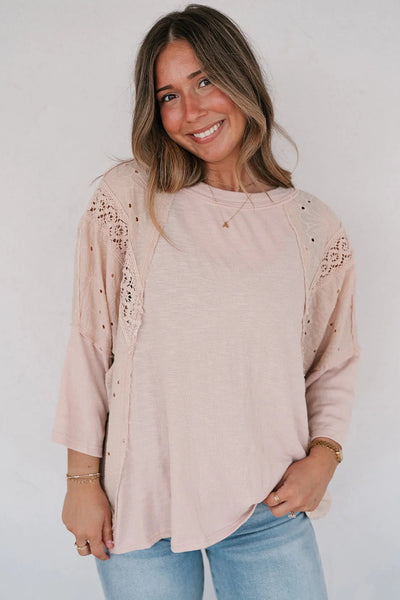 Apricot Pink Floral Lace T-Shirt for Women with Eyelet Patchwork and Bracelet Sleeves Stylish and Comfortable Top