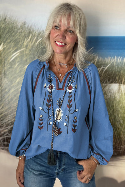 "Chic Women's Real Teal Floral Embroidered Blouse with Split Neck, Tassel Tie & Puff Sleeves for Effortless Style"