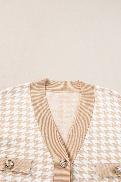 Chic Women's Slim Fit Khaki Cardigan with Contrast Edges, Metal Buttons, and Functional Pockets for Effortless Style