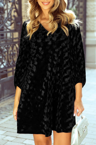 Chic Women's Black Velvet Mini Dress with Textured V-Neck and Fashionable Balloon Sleeves for Effortless Style