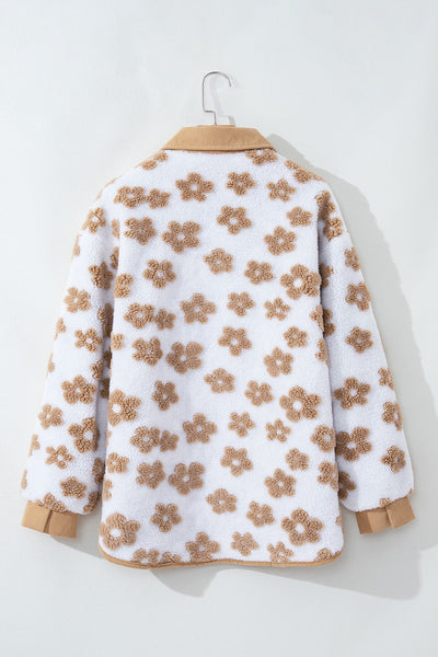 Women's Cozy Casual Light Beige Fleece Jacket with Floral Pattern and Button-Up Design for Effortless Style