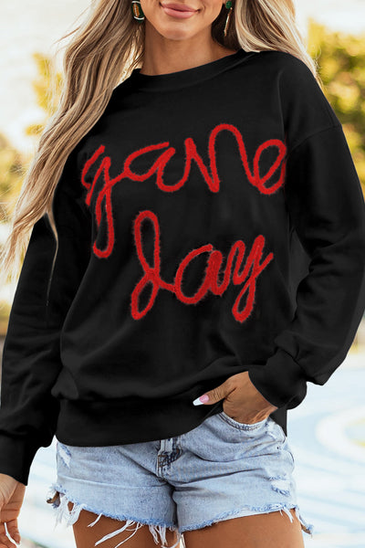 Stylish Women's Black Graphic Sweatshirt with Drop Shoulders for Game Day Comfort and Trendy Casual Wear