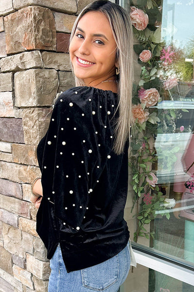 Chic Women's Black Velvet Top with Pearl Beading - Elegant Half Sleeve Design for Casual or Evening Events
