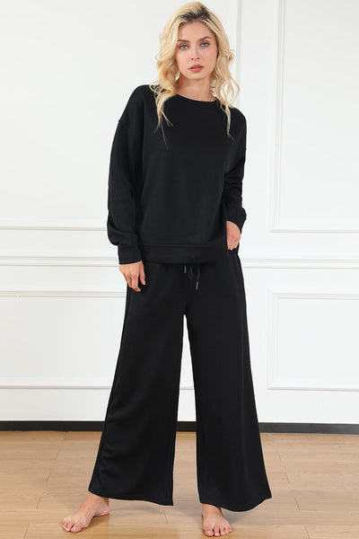 Women's Black Ultra Loose Textured 2-Piece Lounge Set - Cozy Slouchy Casual Outfit for Effortless Everyday Style