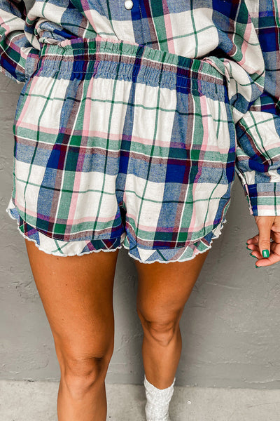 Cozy Women's Blue Plaid Lounge Set: Casual 2-Piece Summer Outfit with Relaxed Fit Shirt and Shorts for Ultimate Comfort