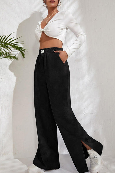 Trendy Women's Black Wide Leg Corduroy Pants with Split Hem - Comfortable Fit for Casual and Chic Style