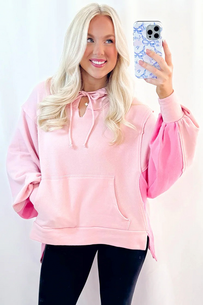 Trendy Women's Light Pink Color Block Hoodie with Balloon Sleeves & Kangaroo Pocket Chic High-Low Fashion Top