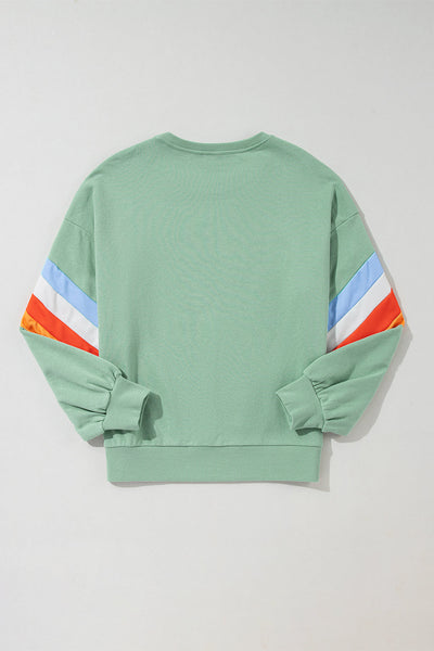 Cozy Women's Moonlight Jade Loose Fit Crew Neck Sweatshirt with Rainbow Stripes - Perfect for Everyday Casual Style