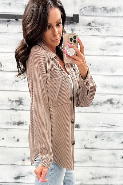 Women's Smoke Gray Twisted Ribbed Shacket with Button Down Front & Chest Pocket - Chic Casual Layering Essential