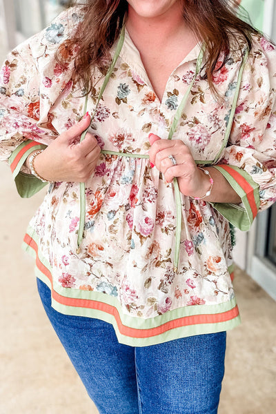 Plus Size Women's Black Floral Babydoll Blouse with Striped Trim - Chic Casual Top for Effortless Style