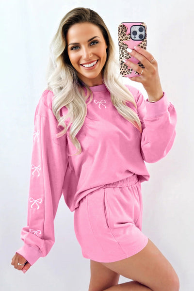 Women's Sachet Pink Bow Embroidered Sweatshirt and Shorts Set