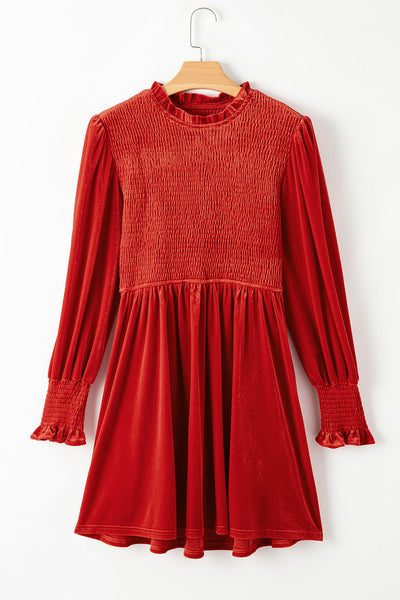 Chic Women‚Äôs Red Clay Velvet Dress with Frilled Neck and Smocked Bodice Ideal for Weddings and Special Events