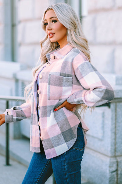Women's Versatile Pink and Gray Plaid Color Block Long Sleeve Jacket with Pockets - Stylish Outerwear for Every Occasion