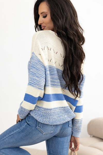 Light Blue Puff Sleeve Sweater for Women - Chic Open Stitch Knit Top for Casual Style and Everyday Comfort
