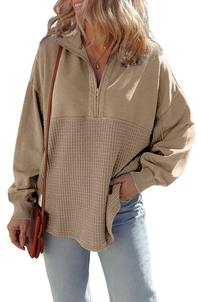 Women's Cozy Parchment Waffle Knit Half-Zip Sweatshirt - Stylish Patchwork Design for Effortless Casual Chic