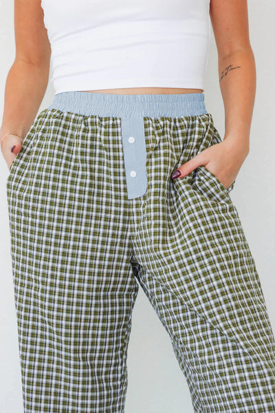 Women's Brown Gingham High-Waist Boxer Pants with Blue Contrast