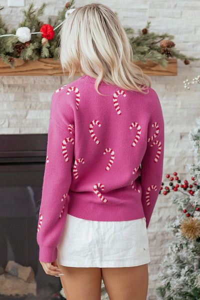 Women's Sachet Pink Candy Cane Intarsia Knit Holiday Sweater