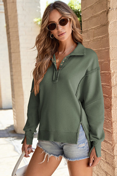 Women's Moss Green Cotton-Blend Button Collar High-Low Sweatshirt