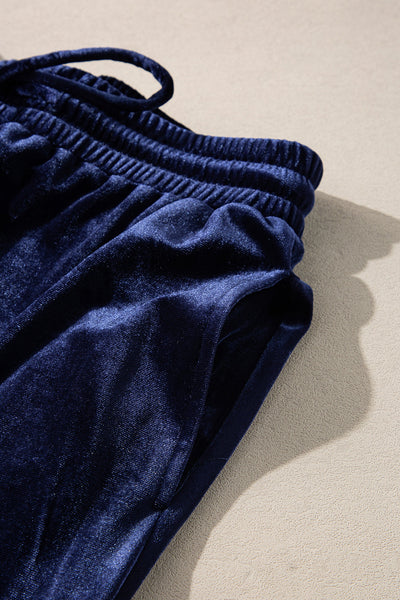 Chic Women's Navy Blue Velvet Ruffled Two-Piece Pants Set - Stylish Comfort for Casual and Dressy Events