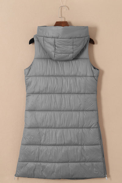 Women's Stylish Dark Grey Hooded Quilted Long Vest Coat - Cozy Winter Outerwear for Ultimate Warmth and Comfort