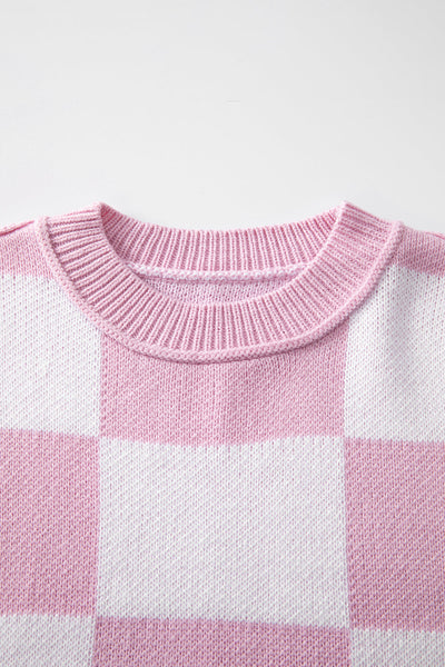 Chic Women's Pink Checkered Bishop Sleeve Sweater - Cozy Knit Pullover for Effortless Casual Style