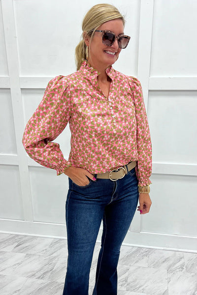 Charming Women's Pink Floral Blouse with Ruffled Sleeves & Frilled Collar - Perfect for Spring Fashion