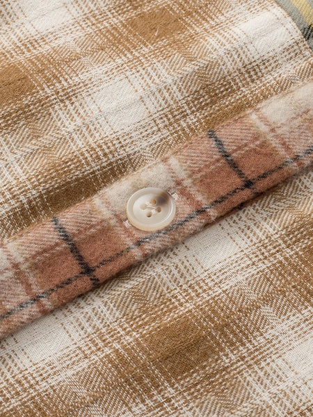 Rustic Brown Patchwork Plaid Shacket with Raw Edge Finishing