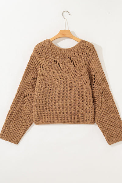 Women's Camel Bell Sleeve Hollow Out Knit Sweater