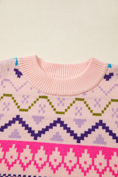 Cozy Women's Multicolor Ethnic Christmas Sweater with Feather Cuffs - Perfect for Stylish Holiday Festivities