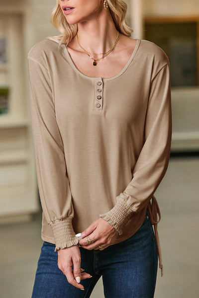 Women's Dark Khaki U-Neck Henley Top with Smocked Cuffs & Adjustable Side Drawstring for a Flattering, Stylish Fit