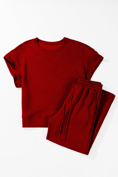 Women's Red Dahlia Textured Lounge Set: Loose Fit T-Shirt & Cozy Drawstring Pants for Casual Comfort