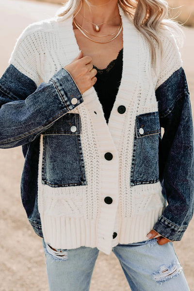 Cozy Oversized Beige Women's Chunky Knit Cardigan with Denim Patchwork for Chic Fall Fashion