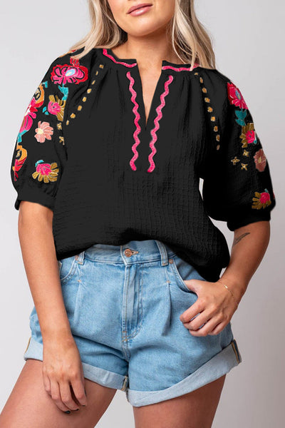Chic Women's Black Floral Embroidered Puff Sleeve Blouse with Textured Fabric - Elegant Top for Any Occasion