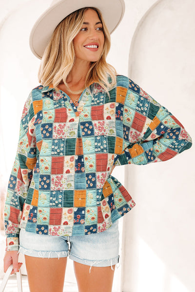 Women's Patchwork Floral Print Long Sleeve V-Neck Blouse