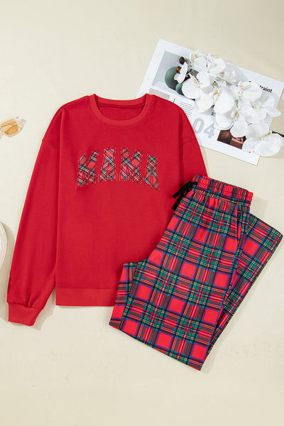 Women's Red Plaid Christmas Graphic Crewneck Pullover & Pants Lounge Set - Cozy Holiday Outfit for Moms