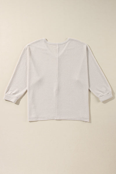 Women's Relaxed Fit White Waffle Knit V-Neck Top with Side Slits - Effortless Casual Shirt for Stylish Everyday Wear