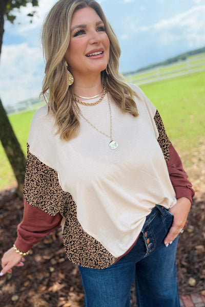Women's Loose Long Sleeve Top in Red Sandalwood Color Block with Leopard Patchwork Design - Stylish & Comfortable