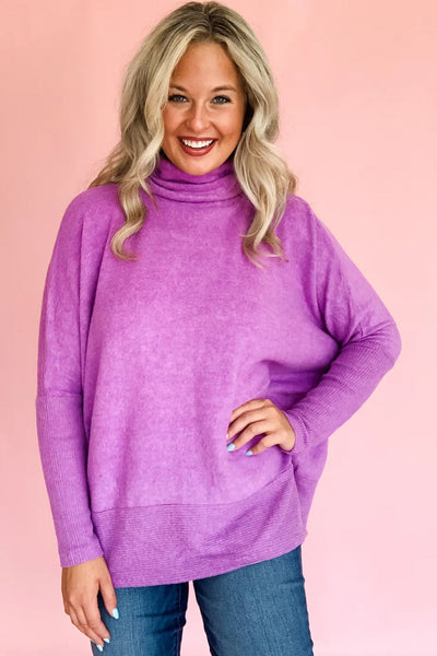 Stylish Women's Purple Orchid Ribbed Turtleneck Dolman Top - Long Sleeve, Comfortable Fit for Everyday Fashion