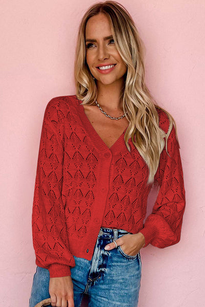 Women's Crimson Pointelle Knit Crochet V-Neck Cardigan