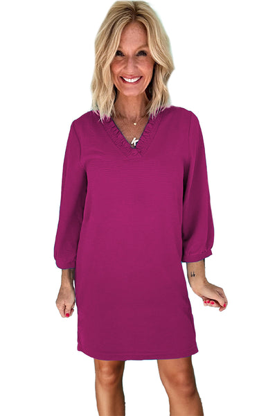 Fuchsia Frilled V-Neck Mini Dress with Bracelet Sleeves for Women - Ideal for Summer Parties and Festival Fun
