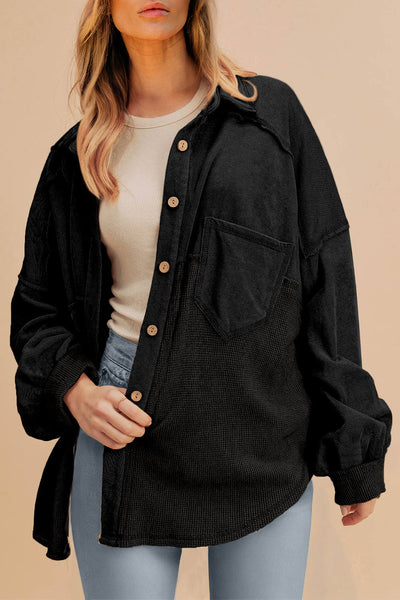Women's Waffle Knit Oversized Patchwork Shacket in Midnight Black